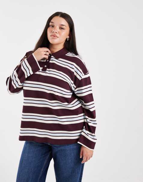 Vero Moda Curve rugby polo in burgundy and soft blue stripe print - view 1