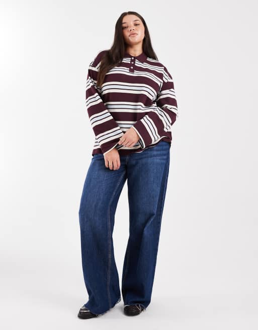 Vero Moda Curve rugby polo in burgundy and soft blue stripe print, 2 of 4