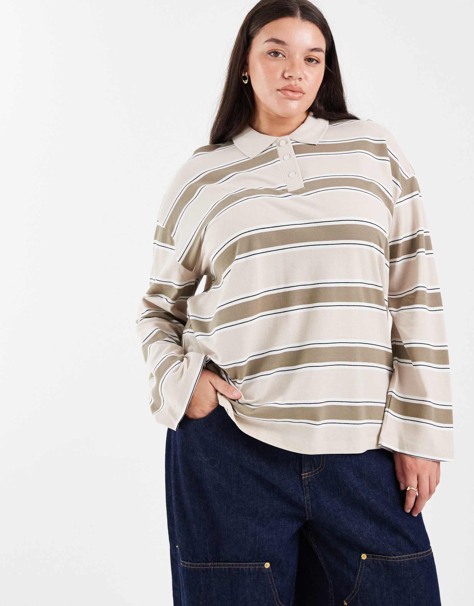 Футболка-поло Vero Moda Curve для регби с принтом в полоску цвета овсянки и хаки