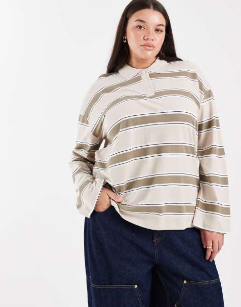 Vero Moda Curve – Rugby-Polohemd in Hellbeige mit Streifen in Khaki - view 1