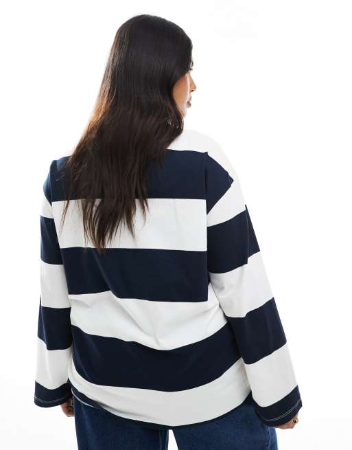 Vero Moda Curve - Ruimvallende rugby top in blauw en wit gestreept, 3 van 4