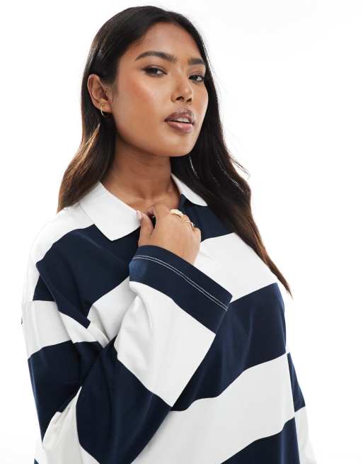 Vero Moda Curve - Ruimvallende rugby top in blauw en wit gestreept, 4 van 4