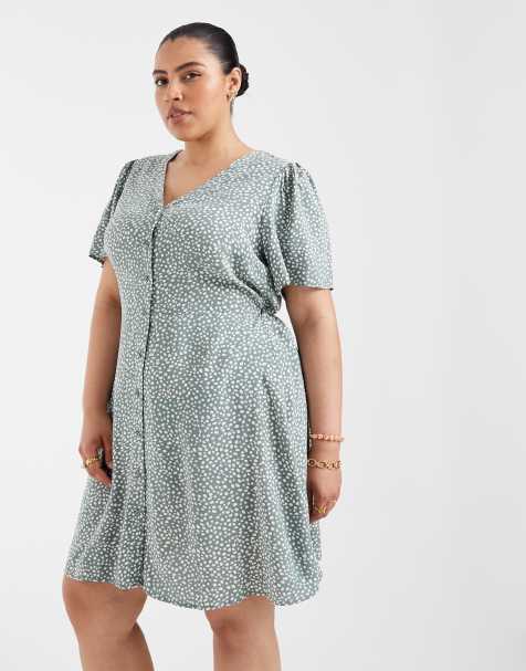 Vero Moda Curve – Salviagrön, prickig skaterklänning i minilängd med knäppning - view 1
