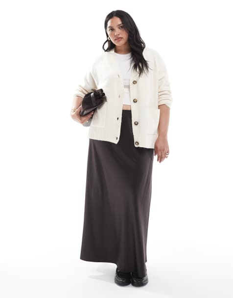 Vero Moda Curve satin bias midi skirt in chocolate - view 1