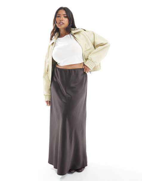 Vero Moda Curve satin bias midi skirt in chocolate