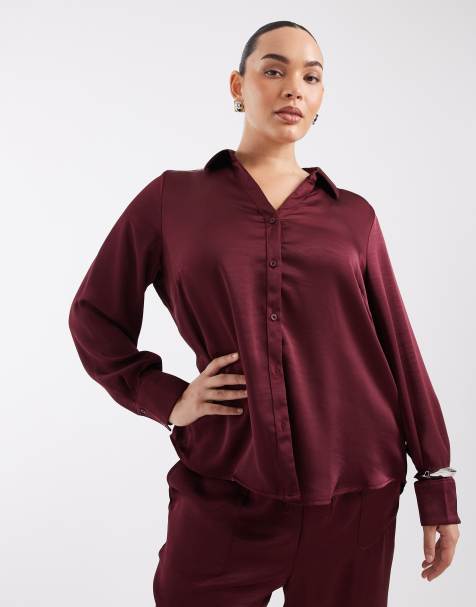 Vero Moda Curve Satin-Hemd mit langen Ärmeln als Kombiteil in Burgunderrot - view 1