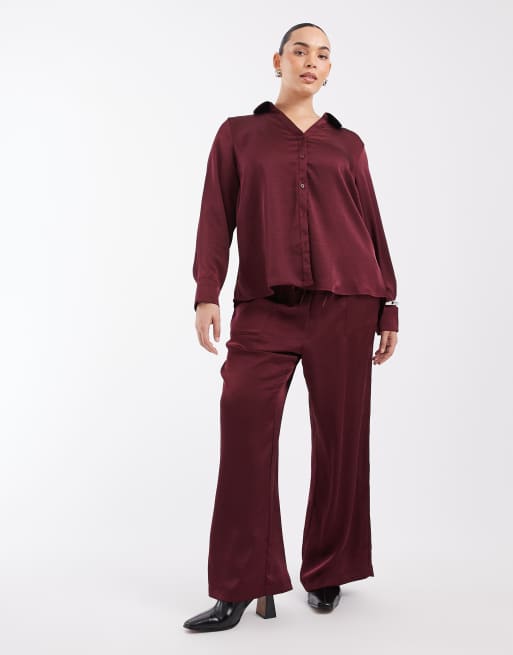 Vero Moda Curve satin long sleeve shirt co-ord in burgundy , 2 of 4