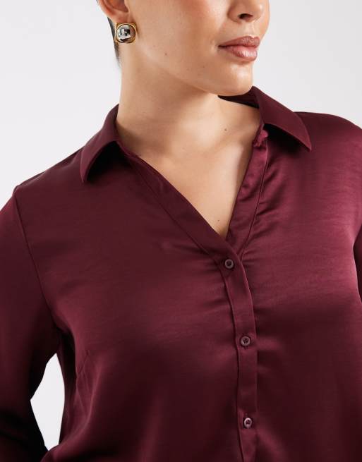 Vero Moda Curve satin long sleeve shirt co-ord in burgundy , 3 of 4