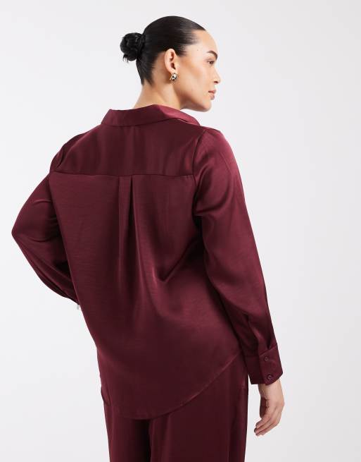 Vero Moda Curve satin long sleeve shirt co-ord in burgundy , 4 of 4