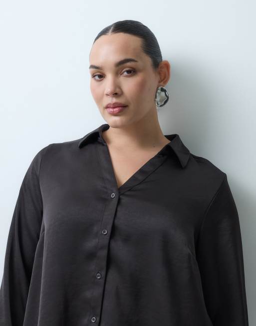 Vero Moda Curve satin long sleeve shirt co-ord in chocolate brown, 4 of 5