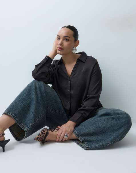 Vero Moda Curve satin long sleeve shirt set in chocolate brown - view 1