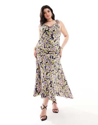 Vero Moda Curve - Satin-Maxikleid in Lila mit Print, Ziernaht und Binde-Trägern