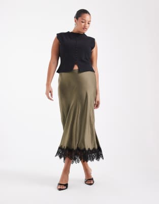 Vero Moda Curve Satin Midi Skirt With Lace Detail Hem In Green
