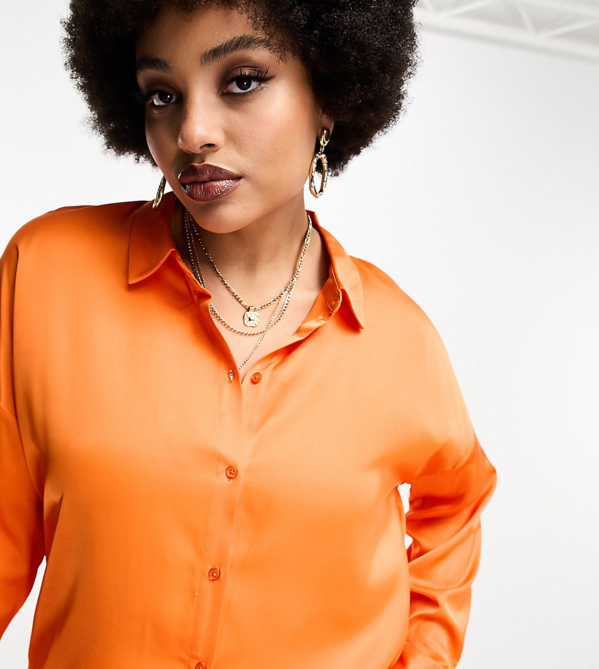 Vero Moda Curve satin oversized shirt in bright orange - part of a set