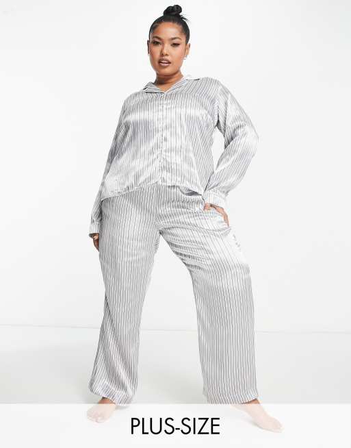 Vero Moda Curve satin pinstripe pyjama shirt and pants set in grey