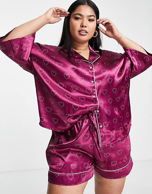 Lingerie & Nightwear Vero Moda Curve satin pyjama set in burgundy heart print 