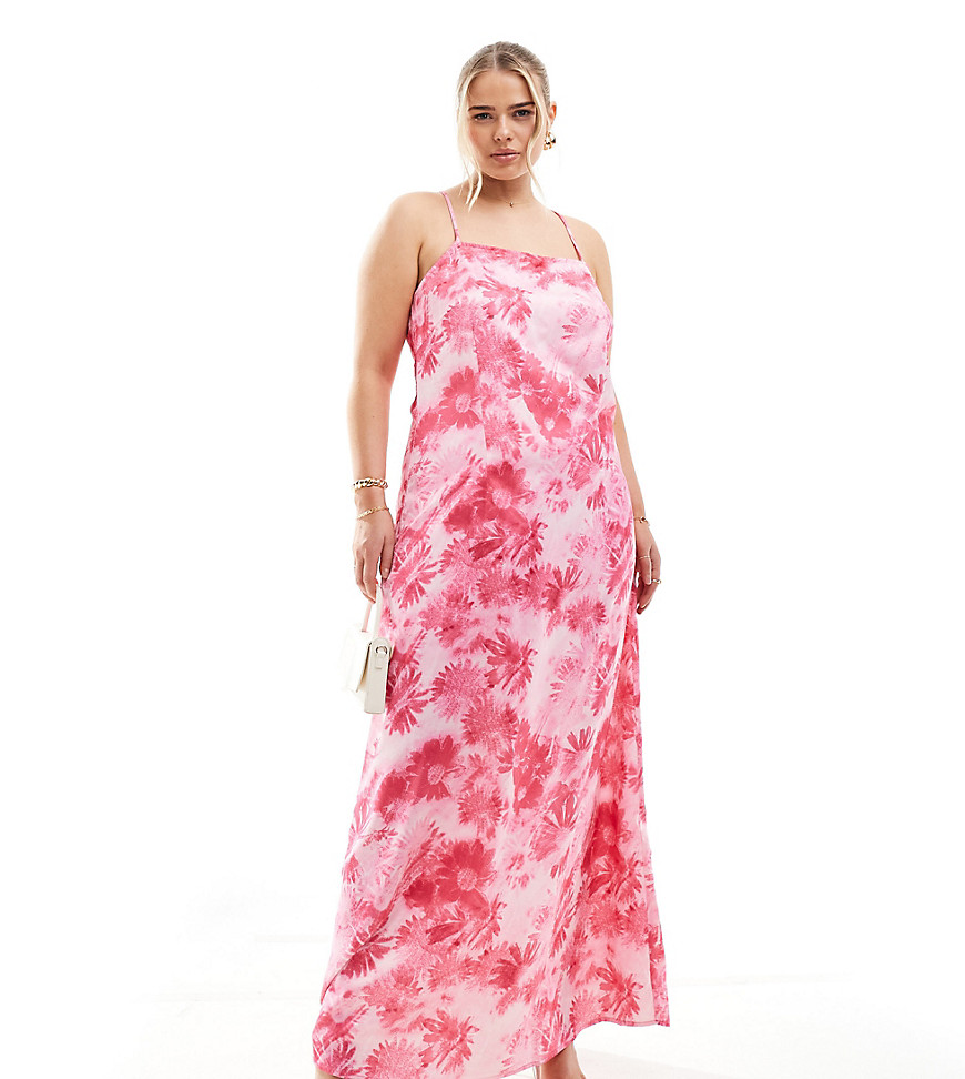 Vero Moda Curve Satin Square Neck Maxi Slip Dress In Pink Daisy Print