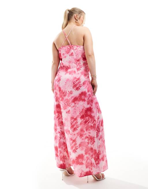 Vero Moda Curve satin square neck maxi slip dress in pink daisy print, 4 of 4