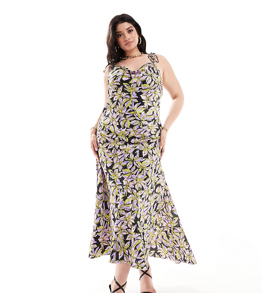 Vero Moda Curve Satin Tie Shoulder Maxi Slip Dress With Seam Detail In Purple Print
