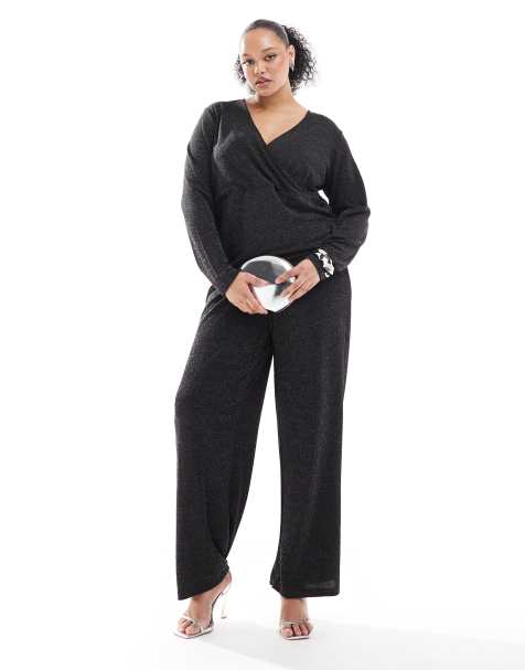 Vero Moda Curve - Set van top met gekruiste voorkant en broek met wijde pijpen in zwart met glitter - view 1