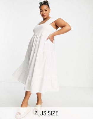 Vero Moda Curve shirred midi dress in white