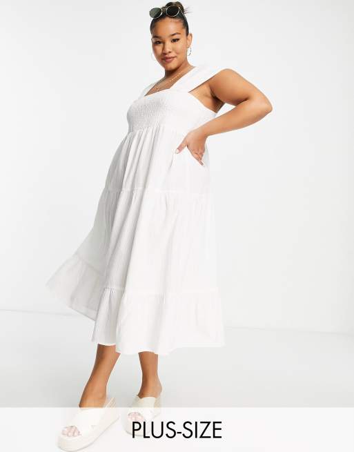 Vero Moda Curve shirred midi dress in white