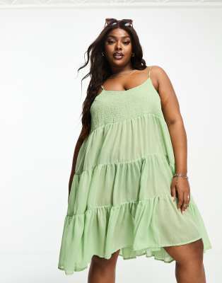 Vero Moda Curve shirred strappy beach mini dress in sage green