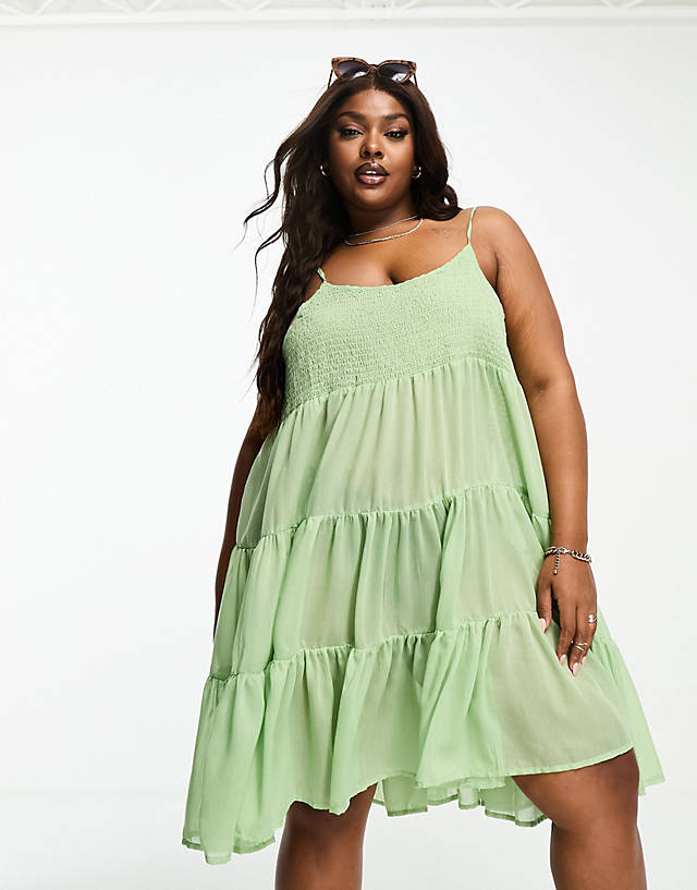 Vero Moda Curve - shirred strappy beach mini dress in sage green