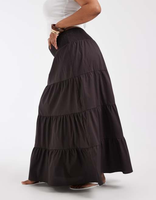 Vero Moda Curve shirred waist tiered boho maxi skirt in chocolate, 2 of 5