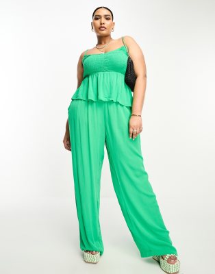 Vero Moda Curve Shirred Waist Wide Leg Pants In Bright Green - Part Of A Set