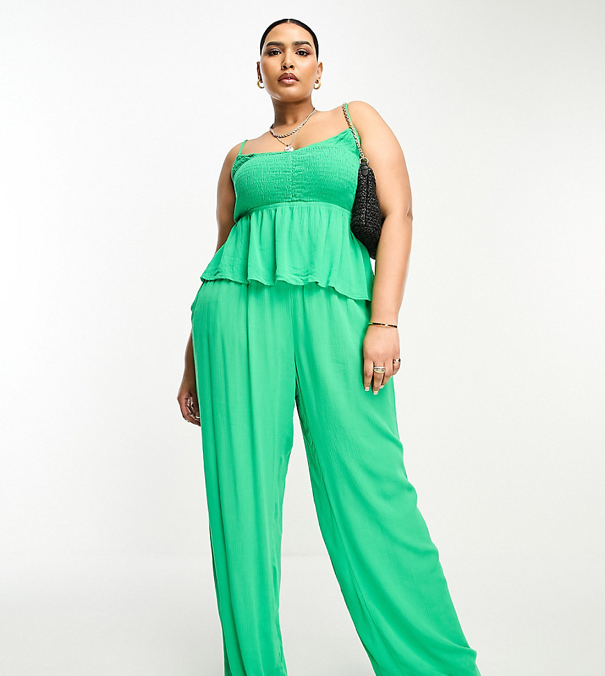 Vero Moda Curve shirred waist wide leg pants in bright green - part of a set