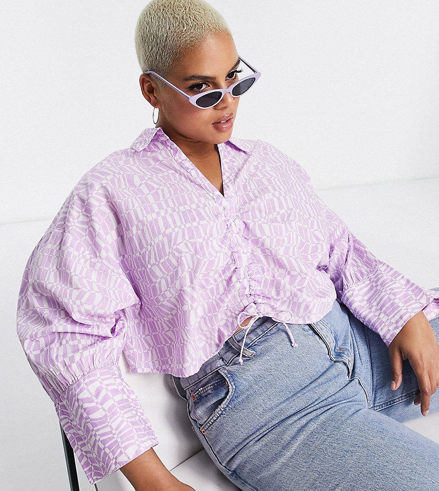 Plus-size shirt by Vero Moda The scroll is over Spread collar Ruched tie front Drop shoulders Boxy fit