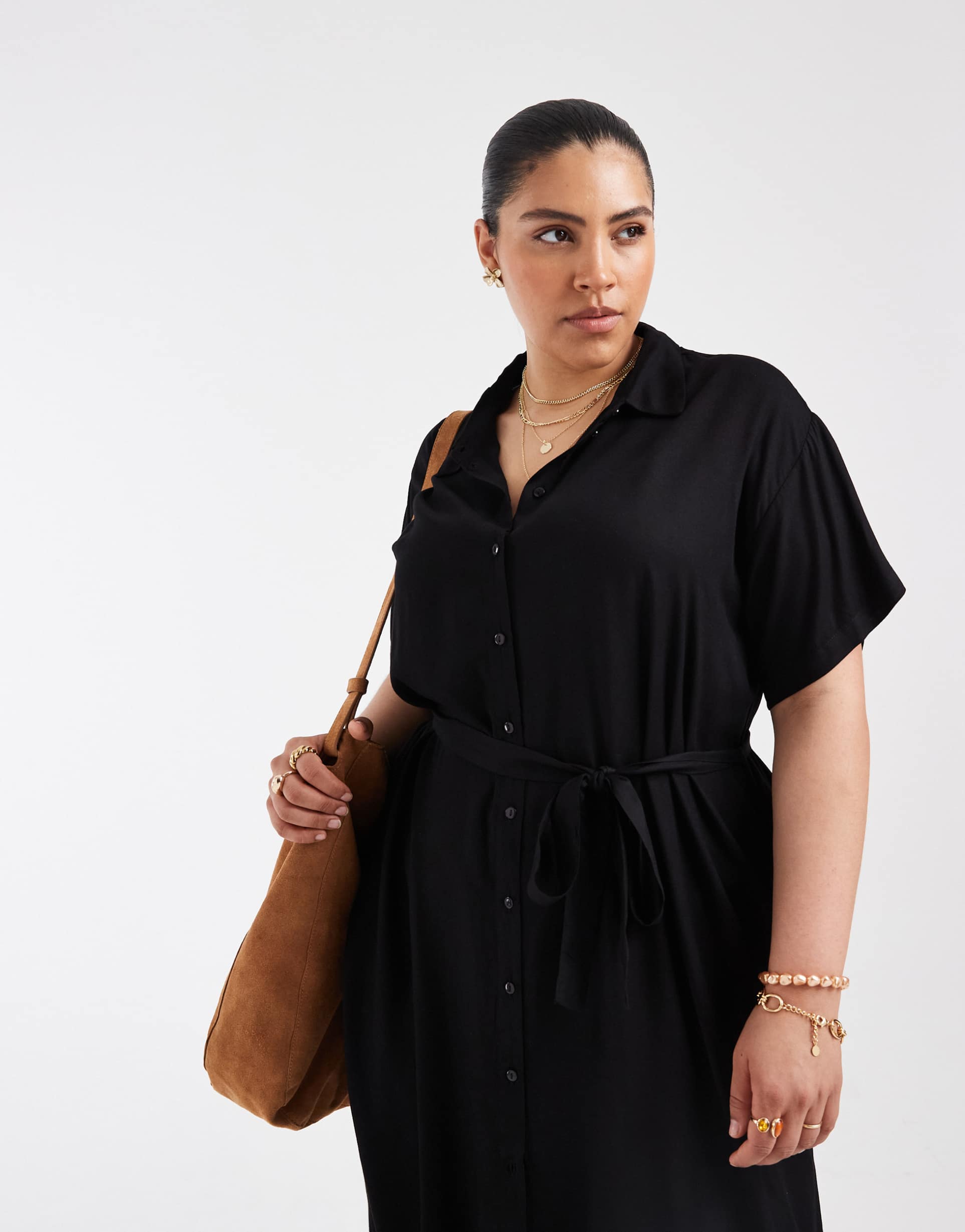 vero moda curve shirt midi dress with tie belt in black