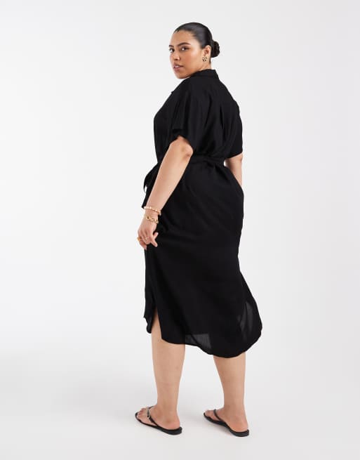 Vero Moda Curve shirt midi dress with tie belt in black, 4 of 4