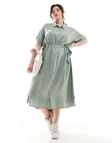 Vero Moda Curve shirt midi dress with tie belt in green - view 1