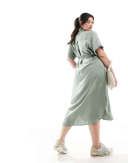 Vero Moda Curve shirt midi dress with tie belt in green, 3 of 4