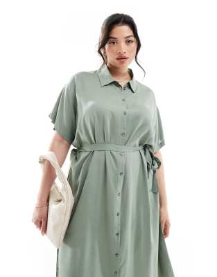 Vero Moda Curve shirt midi dress with tie belt in green | ASOS