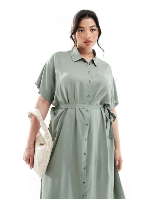 Vero Moda Curve shirt midi dress with tie belt in green, 4 of 4