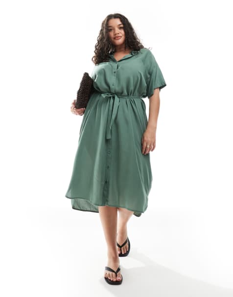 Vero Moda Curve shirt midi dress with tie belt in green - view 1