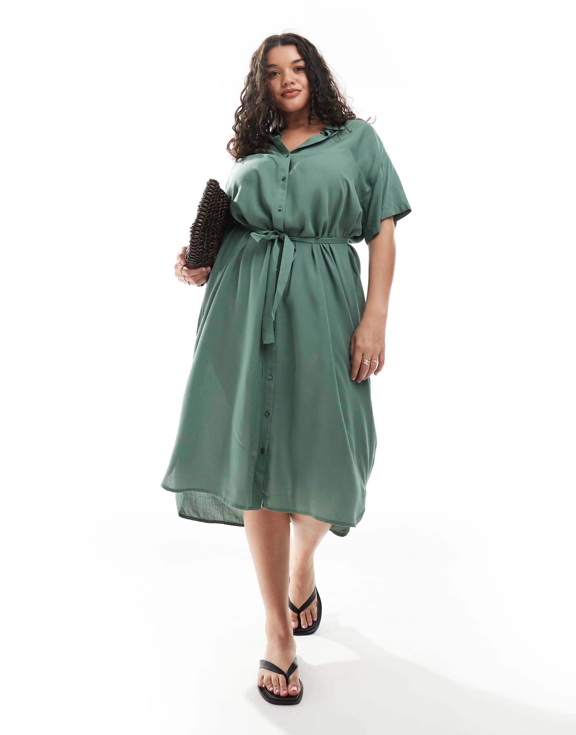 vero moda curve shirt midi dress with tie belt in green