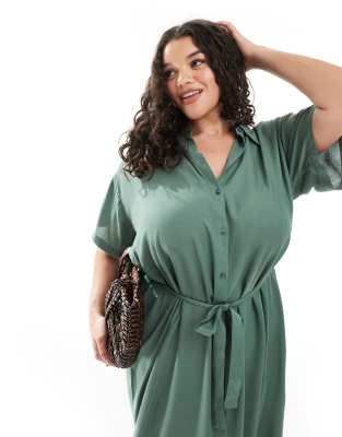 Vero Moda Curve Shirt Midi Dress With Tie Belt In Green