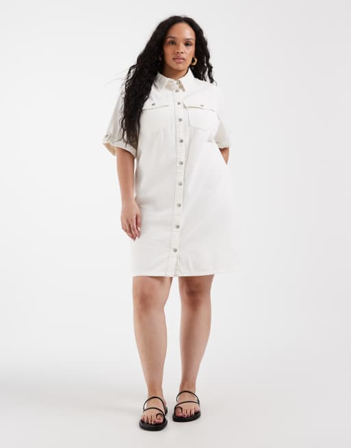 Vero Moda Curve short sleeve button front denim mini dress in cream, 2 of 4