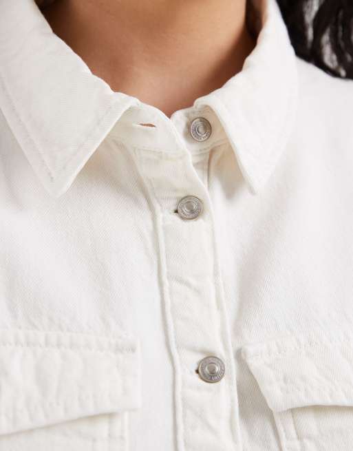 Vero Moda Curve short sleeve button front denim mini dress in cream, 3 of 4