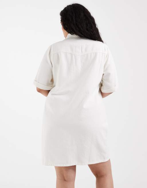 Vero Moda Curve short sleeve button front denim mini dress in cream, 4 of 4