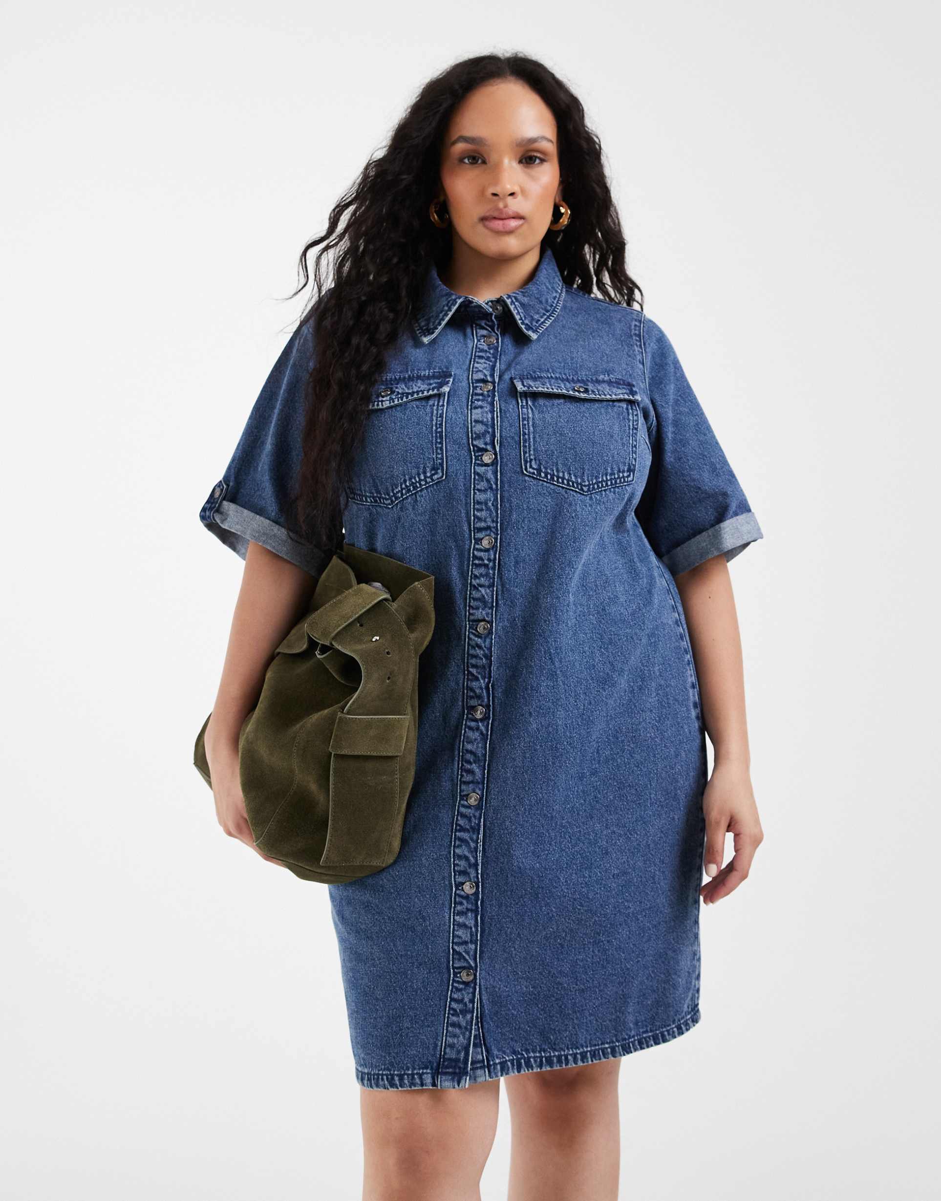 vero moda curve short sleeve button front denim mini dress in medium blue wash