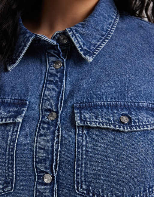 Vero Moda Curve short sleeve button front denim mini dress in medium blue wash, 3 of 4