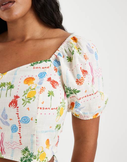 Vero Moda Curve short sleeve smock top in cream beach print - part of a set, 3 of 4
