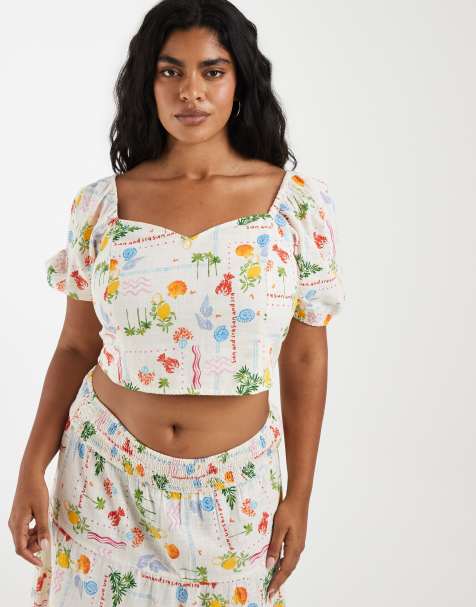 Vero Moda Curve short sleeve smock top in cream seaside print (part of a set) - view 1