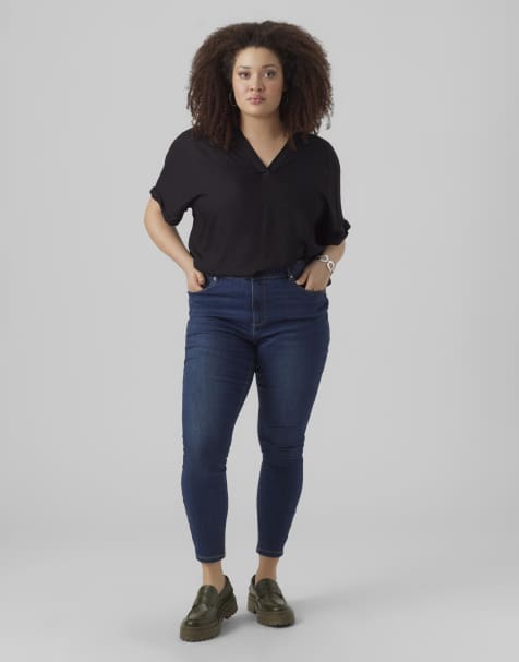 Vero Moda Curve - Skinny-fit jeans in donkerblauw denim - view 1