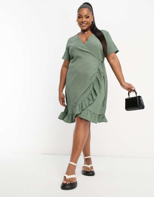Vero Moda Curve - Slå-om-minikjole med flæser i kakigrøn
